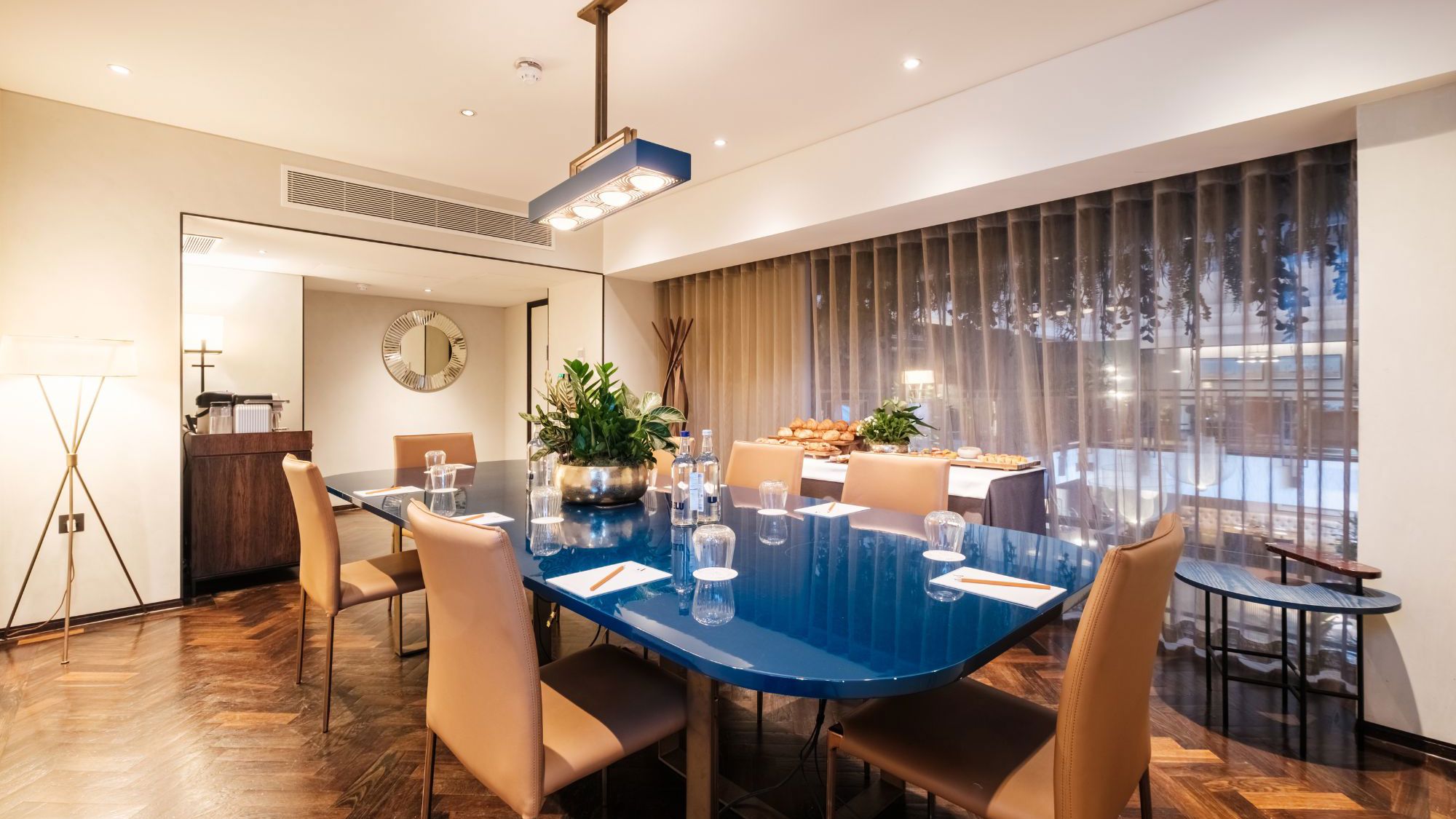 Meeting room with blue table set up