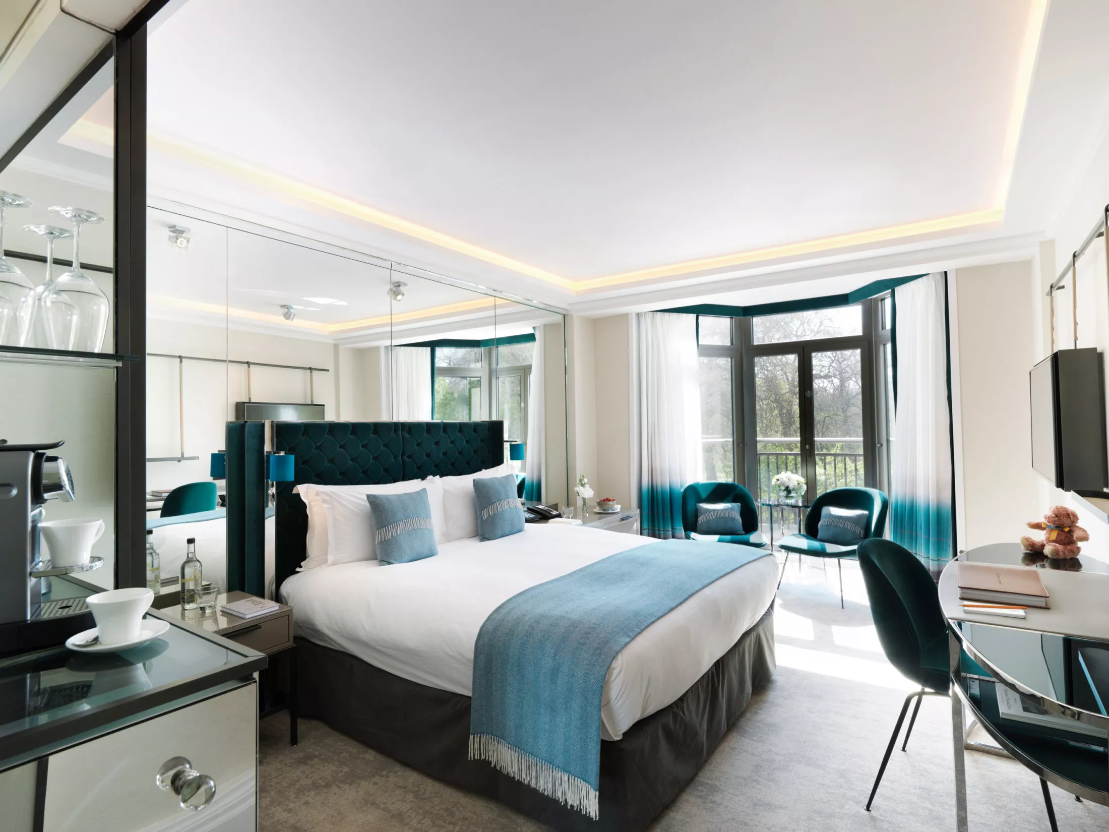 Park View Bay Window Teal room at a hotel in Mayfair London called The Athenaeum