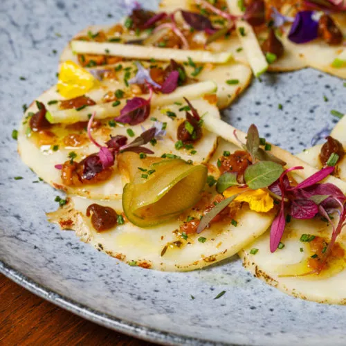 Vegan carpaccio at The Athenaeum's luxury restaurant london. The restaurant is called 116 at The Athenaeum.
