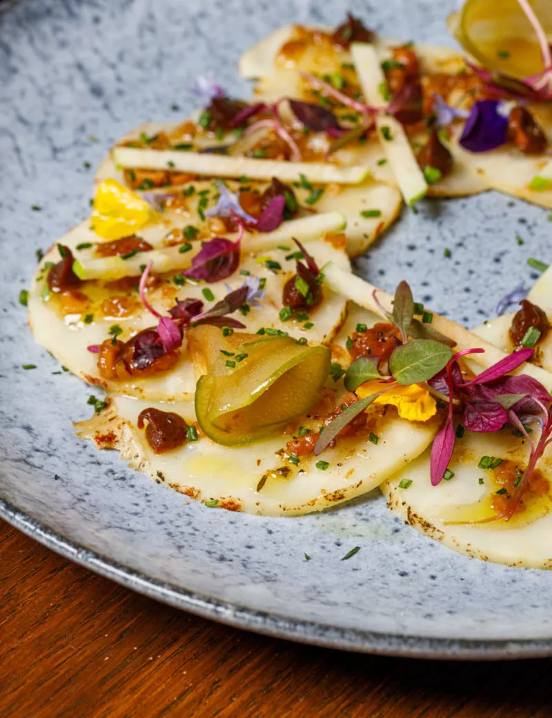 Vegan carpaccio at The Athenaeum's luxury restaurant london. The restaurant is called 116 at The Athenaeum.