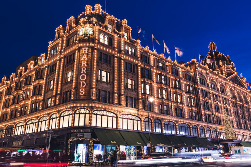 Harrods at night luxury London shopping near The Athenaeum Hotel & Residences